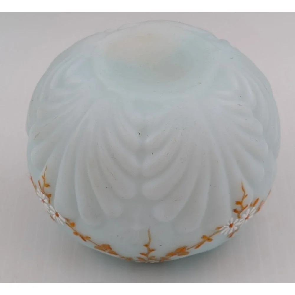 Antique Blue White Rose Bowl Cased Glass Shell Motif Floral Hand Painted Decor